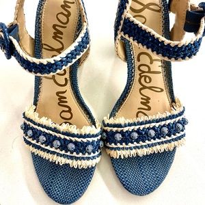 Sam Edelman Blue Raffia Sandals block 3 inch heel size 6M pristine Greece island